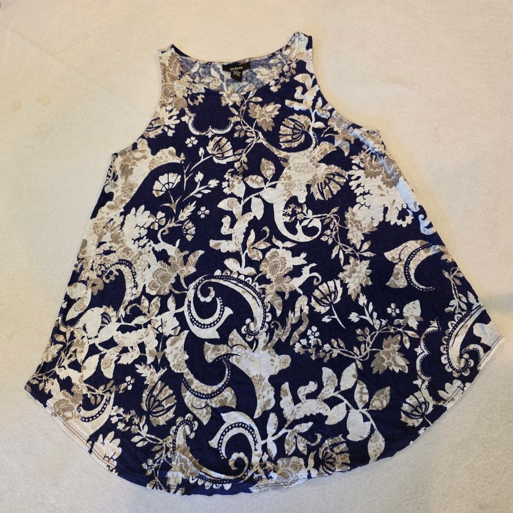 Alfani Womens 100% Linen Floral Paisley Sleeveless Tank Top Blue Tan S Coastal